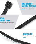Close-up of 8 Inch Zip Ties 100 Pack With 40Lb Tensile Strength Black Cable Ties showing ratchet mechanism and locking teeth.
