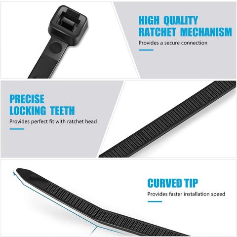 Close-up of 8 Inch Zip Ties 100 Pack With 40Lb Tensile Strength Black Cable Ties showing ratchet mechanism and locking teeth.