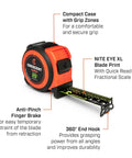 ControlTouch Nite Eye Tape Measure With Anti Pinch Lock, 360 Degree End Hook And 11 Foot Standout with highlighted features