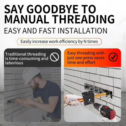Image illustrating the ease of using Automatic Wire Threading Machine For Drywall And Conduit Pipes Electric Drill Compatible Cable Pulling Tool.