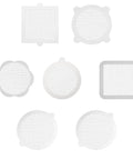 Different shapes of 10pcs Hair Catcher for Shower Drain, Four Ears Round, in white mesh material for effective drainage.