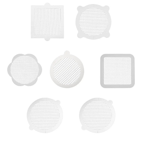 Different shapes of 10pcs Hair Catcher for Shower Drain, Four Ears Round, in white mesh material for effective drainage.