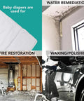 Collage of Virgin Cotton Diaper Rags used for water remediation, fire restoration, waxing and polishing, shown with auto and home scenes.