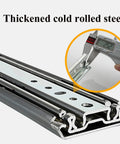 Close-up of Heavy Duty Three Section Ball Bearing Drawer Slides With Locking Side Mount showing thickened cold rolled steel design.