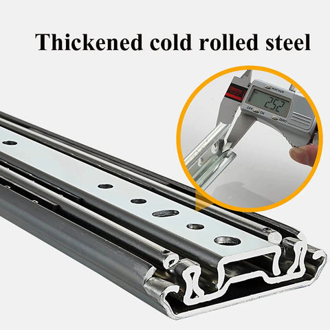 Close-up of Heavy Duty Three Section Ball Bearing Drawer Slides With Locking Side Mount showing thickened cold rolled steel design.