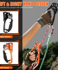 UIAA CE Certified Rope Ascender Aluminum Alloy Climbing Gear in use for right and left hands, shown on rope with gloves
