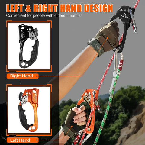 UIAA CE Certified Rope Ascender Aluminum Alloy Climbing Gear in use for right and left hands, shown on rope with gloves
