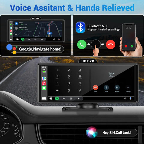 Wireless CarPlay Screen With 4K Dash Cam And 10.26 Inch Portable Touchscreen For Cars showing navigation and call features.