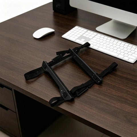 Built Tough Under Desk PC Mount With Quick Lock Straps For Heavy Duty Computer Tower Rack on wooden desk.
