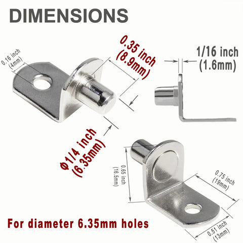 Solid As A Rock Metal Shelf Pegs 1 4 Inch L Shaped Support Brackets dimensions showing sizes and measurements on metal support pins.