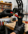 Pro Grade Archery Bow Leveler Tool in use on a compound bow, showing screw-in alignment for sight and D-loop accuracy.