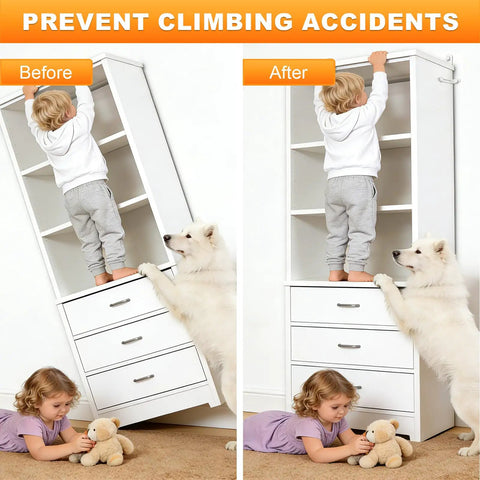 Before and after image showing Heavy Duty Furniture Anchors For Baby Proofing 12 Pack White Anti Tip Wall Mount Kit securing a dresser.