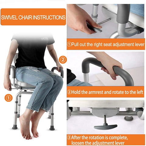 360 Degree Swivel Shower Chair For Tub And Shower, Height Adjustable Anti Slip Bath Stool with usage instructions