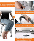 User demonstrating how to use the 360 Degree Swivel Shower Chair With Arms And Back, showing seat adjustment and swivel features.