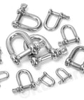 Kickass 304 Stainless Steel D Shape Shackles With Secure Screw Pin 3 8 Inch Heavy Duty Rigging Hardware scattered on white background.
