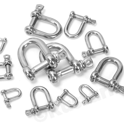 Kickass 304 Stainless Steel D Shape Shackles With Secure Screw Pin 3 8 Inch Heavy Duty Rigging Hardware scattered on white background.