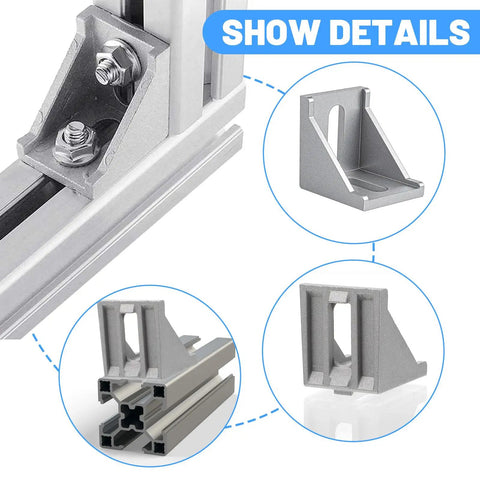 Close-up of 20 Piece 4040 Aluminum Extrusion Connector Kit with Corner Brackets Including 40 M8 T Slot Nuts 40 Washers and 1 Wrench