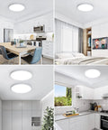 12 Inch LED Flush Mount Ceiling Light Fixture Ultra Bright Non Dimmable 28W 5000K Daylight 3200 Lumens Modern Round Surface Mount For Kitchen Bedroom Bathroom White 4 Pack installed in various rooms.