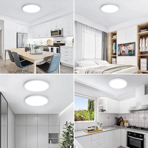 12 Inch LED Flush Mount Ceiling Light Fixture Ultra Bright Non Dimmable 28W 5000K Daylight 3200 Lumens Modern Round Surface Mount For Kitchen Bedroom Bathroom White 4 Pack installed in various rooms.