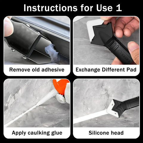 3 In 1 Caulk Remover Tool Set With Silicone Caulking Tools And Sealant Smoothing Five Interchangeable Pads Non Slip Push Pull Grip No Fuss Mess Free Finish For Bathroom Kitchen Tile Window And Sink, silicone head applying caulk