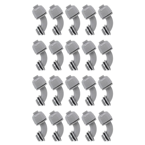 Twenty Piece Pack Of Rock Solid Ninety Degree Nylon 6 Liquid Tight Connectors For Rugged Electrical Conduit And Motor Wiring Half Inch NPT Heavy Duty Waterproof Cable Glands arranged in rows.