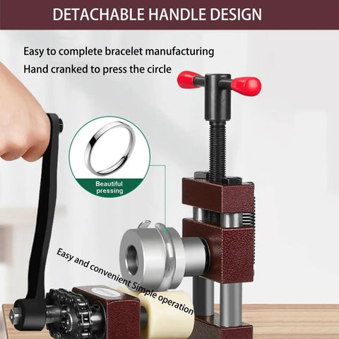 Kickass Ring And Bracelet Press Bender Machine With Adjustable Rolling Mill And Flat Bending Tool Spoon Forming Jig Metal Shaping Set For Crafty Jewelers No Fuss Setup Slick Results with detachable handle design for easy bracelet manufacturing.