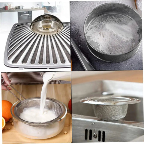 Stainless steel mesh strainers used in various kitchen applications, including sifting flour and straining liquids.