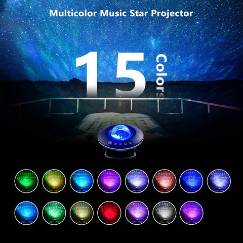 Nebula Night Projector With Star Moon Cloud Modes showcasing 15 vibrant colors for galaxy lighting in gaming room or home theater.