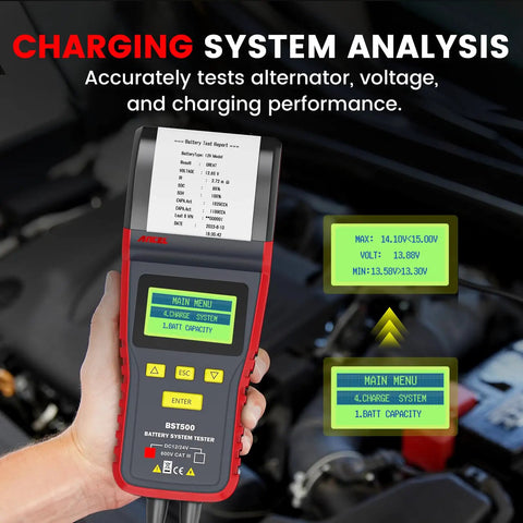 BST500 Car Battery Tester With Printer For 12V And 24V Rigs, Auto Battery Load Tester And Cranking Charging System Analyzer, Printed Diagnostic Reports For Cars, Trucks, SUVs, Motorcycles, RVs And More. Handheld red tester printing a charging system report.
