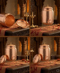 Copper water dispenser with hammered finish, joint free body, brass stand, and tap, 5 liter capacity, displayed on table.