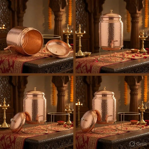 Copper water dispenser with hammered finish, joint free body, brass stand, and tap, 5 liter capacity, displayed on table.