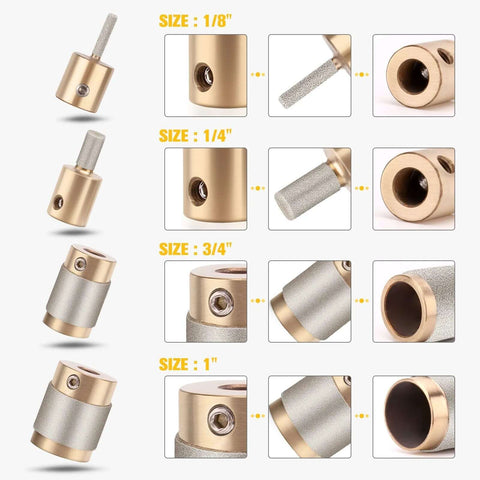 Ecarke diamond grinder bits for stained glass; four brass-core heads in sizes 1/8", 1/4", 3/4", 1" (front and close-up views).