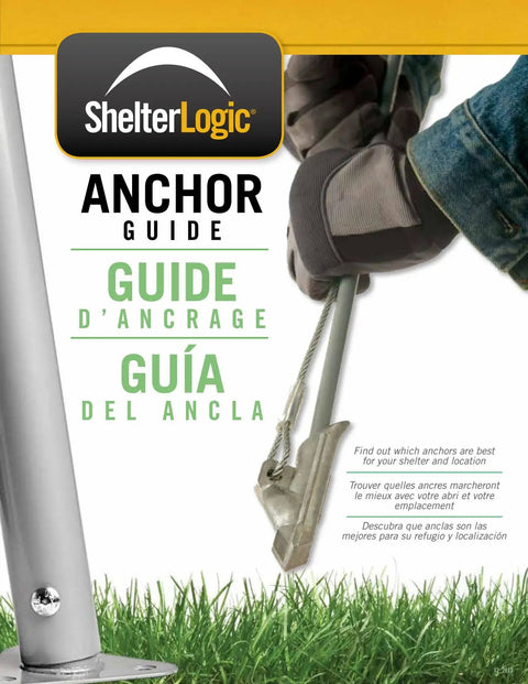 ShelterLogic Anchor Guide with illustrated anchor for secure installations in grass.