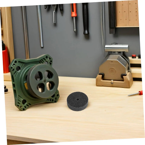 Dude Grab These 6 Pcs Nylon Buffing Wheels With 10mm Hole For Bench Grinders, featuring a dark grey wheel on a workbench.
