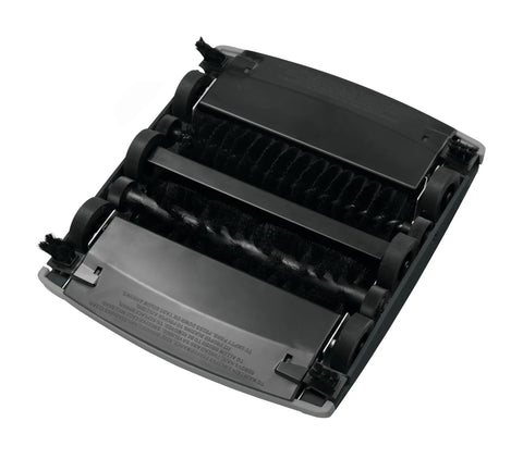 Dual-Action Mechanical Sweeper Cordless Low-Profile For Hard Floors And Carpet With Durable Steel And Bristle Rolls, close-up of bristle rollers.