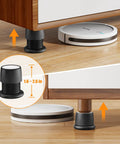 Kick Up Your Bedroom Sleeper Or Couch By 1.6 To 2.6 Inches With Smooth Stepless Thread Adjustment And Built Tough Non Slip Base Black Adjustable Furniture Risers Pack Of 4 on wooden floor with robot vacuum.
