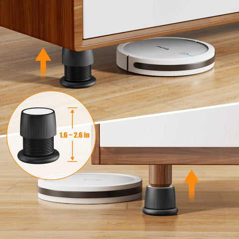 Kick Up Your Bedroom Sleeper Or Couch By 1.6 To 2.6 Inches With Smooth Stepless Thread Adjustment And Built Tough Non Slip Base Black Adjustable Furniture Risers Pack Of 4 on wooden floor with robot vacuum.