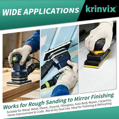 Premium 3 By 5 Inch 14 Hole Sanding Sheets That Rock, Featuring 180 Grit Aluminum Oxide, shown with various sanders in use.