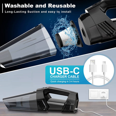 Cordless Handheld Vacuum Cleaner With LED Light 2 Suction Modes Upgraded Cyclonic Power Up To 9kPa with USB-C charger and filter