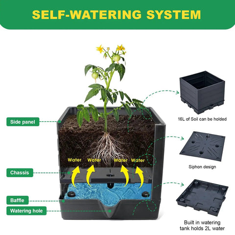 Diagram of Two Pack Raised Garden Bed With Tomato Cages And Trellis, 57 Inch Self Watering Planter Box showing self-watering system