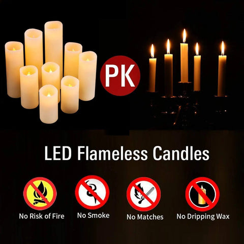 Nine Piece Flameless LED Wax Pillar Candles Set With Remote Timers Real Wax Ivory Finish on display with safety features chart