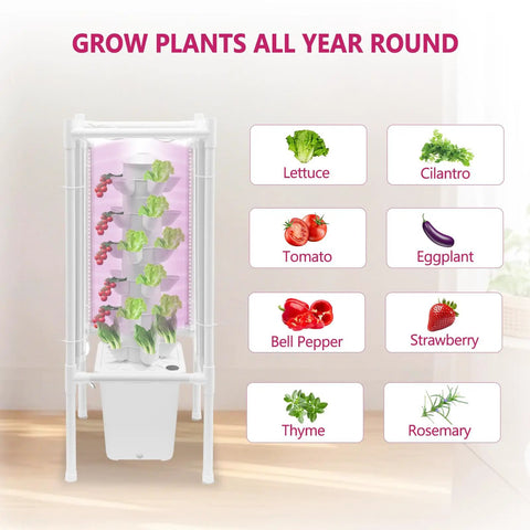 Vertical Hydroponics Tower Kit For Indoor Garden 30-Plant with labeled herbs and vegetables, LED grow light, white tower.