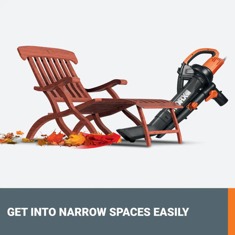 3 In 1 Leaf Blower Mulcher Vacuum For Easy Lawn Care With 350 CFM Airflow And 210 MPH Mulches Leaves At 18 To 1 Ratio WG509 near chair