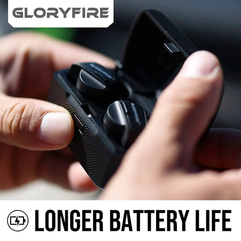 Close-up of hands holding Electronic Ear Plugs With 26dB Noise Reduction And Sound Amplification in a charging case.