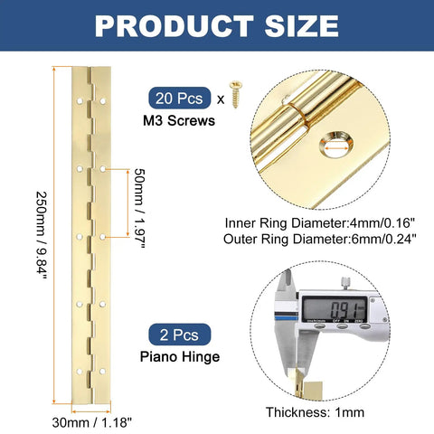 Top Shelf 10 Inch Gold Piano Hinge Pack Heavy Duty 304 Stainless Steel Continuous Hinges With Pre Drilled Holes For Wood Cabinets Gates Boat Hardware Built Like A Tank With Killer Durability And Zero Fuss product size overview with measurements and screws.