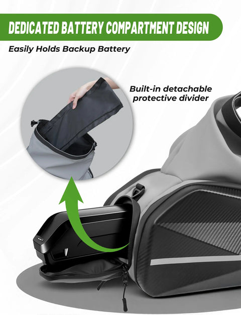 Close-up of 40L Hard Shell Ebike Battery Bag For Rear Rack showing independent compartment and detachable divider in black.