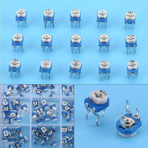 150 Piece Resistor And Trimmer Potentiometer Assortment Kit Blue And White Vertical PCB Mount Three Terminal Preset Adjustable Resistors
