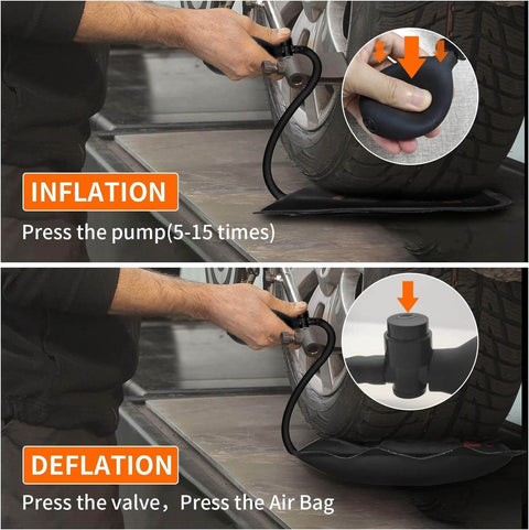 Inflation and deflation of Air Wedge Bag Pump Kit, 3 Pack With 330 Lb Rating, used under a car tire for leveling