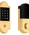 Badass Smart Touchscreen Door Lock with Z-Wave Compatibility and Keyless Entry, solid brass design with numeric keypad.