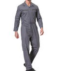 Men's Long Sleeve Navy Poly Cotton Work Coveralls Featuring Action Back And Elastic Waist, Two Way Zipper Front Utility Jumpsuit Built Tough For Mechanics And Daily Grind on model.